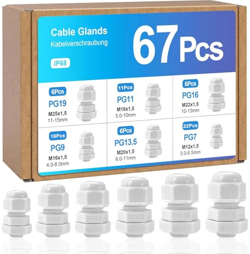 67 Pcs Adjustable Cable Glands, IP68 Waterproof Adjustable 3-15mm Cable Connectors PG7 PG9 PG11 PG13.5 PG16 PG19 Plastic Nylon Cable Connectors Gland Joints Locknut Stuffing Glands White