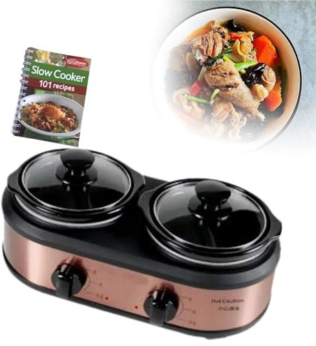 LFfwynog 2-In-1 Slow Cooker with recipe book 1.2L*2 Large Capacity Ceramic Pots 3 Levels Of Heat Adjustment Stew Soup Slow Cook Keep Warm with recipe book