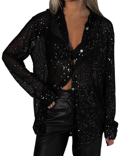 Ydsxlp Longbluse Damen Oversized V Ausschnitt Langarm Hemdbluse Casual Pailletten Glitzer Festliche Shirt Oberteile Locker Langarmshirt Pailletten Tunika Tops Silvester Outfit