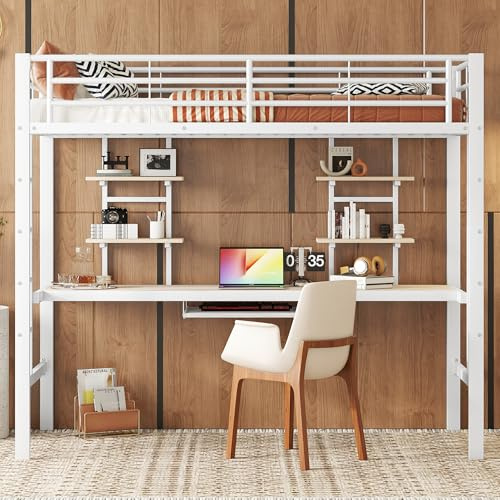 Wiuzo Hochbett, 90 * 200 cm, Bettgestell Metallbett, Eisenbett, Hochbett mit Schreibtisch und Zwei Bücherregalen für Kinder, Jugendliche und Erwachsene, Weiß