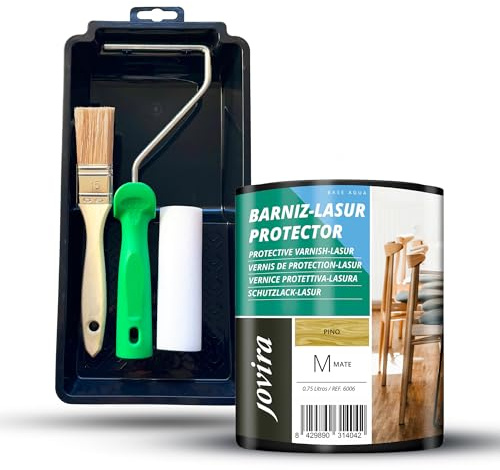 JOVIRA PINTURAS Vernice - Lasur protettiva opaca a base d'acqua e mini secchio, rullo in schiuma, manico e pennello (750 ml, Pino + Kit Vernice-Lasur) D-20-K