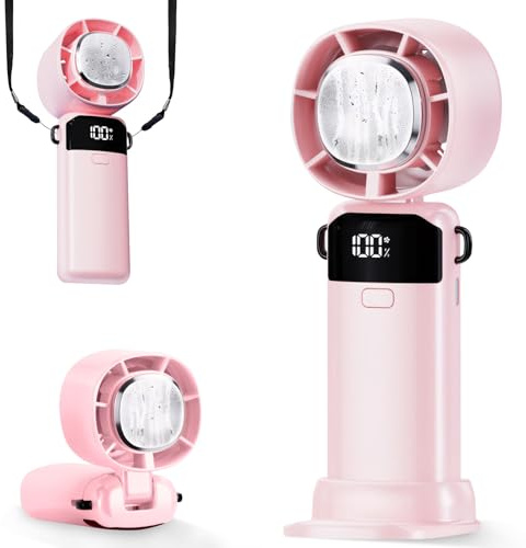 FUFRE Mini ventilateur portatif, 4000 mAh, petit ventilateur manuel avec écran LED, 1 à 100 vitesses, réglable à 180 °, pour le bureau et l'extérieur, rose