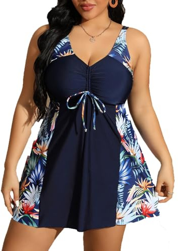 FM2018XSL Donna Costume da Bagno Taglie Forti con Pantaloncini Tankini Vestito da Bagno Curvy Stampa Floreale Costume da Spiaggia,3XL,Blu