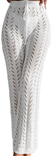 ticticlily Pantaloni Estivi Donna a Rete in Maglia Copritevi Svuotare Pantalone da Spiaggia Elastica a Vita Alta con Coulisse Bikini Cover Up Pants Copricostume all'Uncinetto C Bianco S