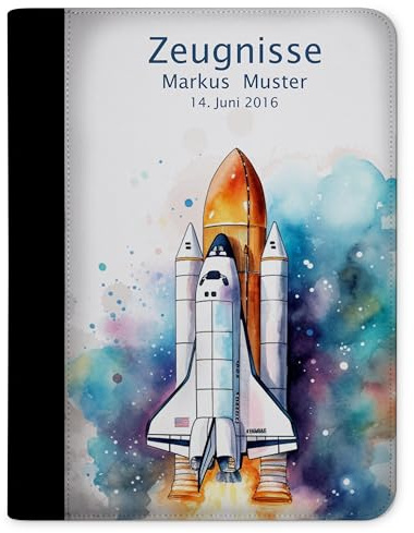 CreaDesign Zeugnismappe A4 mit Namen personalisiert – Spaceshuttle – für Jungen – Dokumentenmappe Schule ohne Klarsichthüllen
