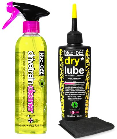 Muc-Off Bio Drivetrain Cleaner 500ml & Bio Dry Chain Lube 120ml Bundle with Microfiber Cloth | Biodegradable Drivetrain Cleaning & Lubrication Kit | Ideal for Dry, Dusty Conditions