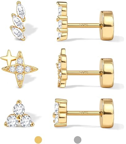 Dochais 3 Paires Boucles d'Oreilles Argent 925 pour Femme Homme Hypoallergénique Boucles d'Oreilles Or 14 Carats Petites Boucle d'Oreille CZ Lune Étoile Soleil Cartilage Helix Conch Piercing Argent Or