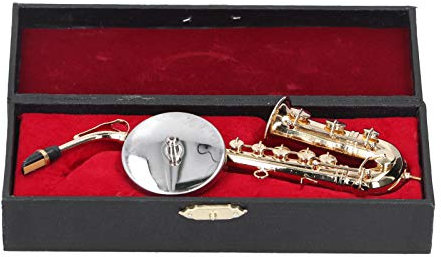 Miniatur-Saxophon mit Ständer und Koffer, Replik eines Mini-Musikinstruments aus Messing, Sammlerfiguren, Puppenhauszubehör, Modell, Wohndekoration, Ornamente