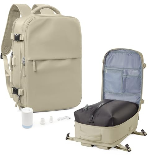 suradar Mochila al Vacío, Mochila Viaje Vacio con Bomba Travel Backpack Bolsa de Cabina Avion 45x36x20 para EasyJet Equipaje de Mano con Sistema Compresion para Hombre y Mujer Caqui