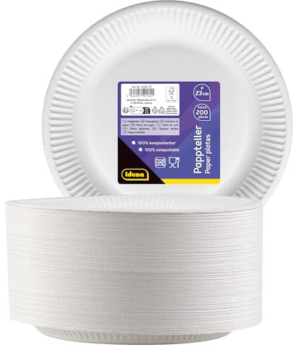 Idena 50160 - Assiette de fête Blanc, 200 pièces,⌀ 23 cm, Certifié FSC, Assiette en Carton 100% compostable, pour Les fêtes, barbecues et Pique-niques