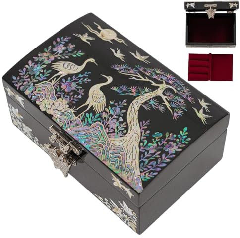 February Mountain Perlmutt Kleine Schmuckschatulle mit Spiegeldeckel, Schmuck-Organizer für Ohrringe, Halsketten, Ringe, Armbänder und Accessoires, Geschenke für Frauen, die alles haben (Crane)