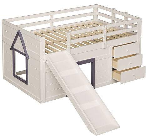KecDuey Cama infantil de 140 x 200 cm, litera con tobogán, cama baja con tres cajones y dos puertas, marco de cama infantil con somier, color crema