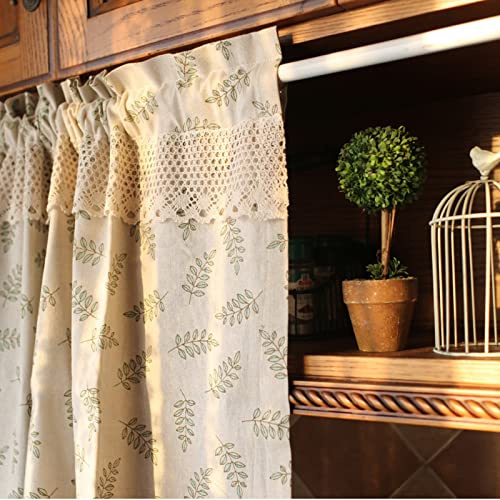 A.Monamour Tenda Corta per Finestra Piccola Beige Cotone Lino Foglia Verde Rustico Opaco Tendina da Cucina Bistrot Caffè Mezza Mantovana Tenda a Vetro a Pannello Porta Armadio