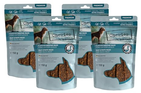 Chewies Köttremsor Maxi hundgodis gjorda av 100% ankkött – 4 x 150 g – lufttorkade ankor tuggremsor för hundar – sockerfri och spannmålsfri – torkkött från anka