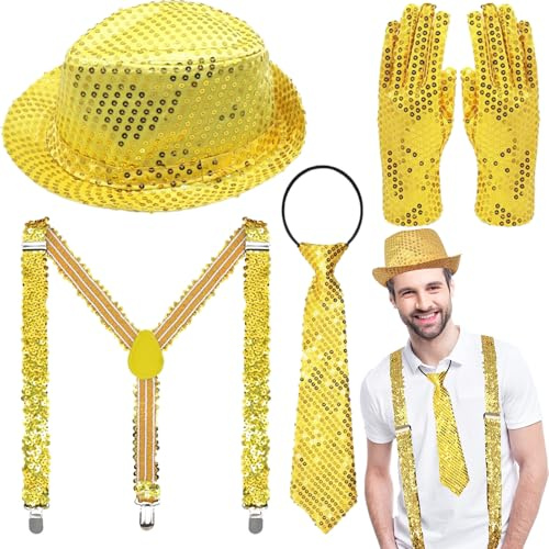 DTAOZFA Glitzer Kostüm Accessoires Herre, Pailletten Hosenträger, Glitzer Outfit Herren, Hüte, Hosenträger, Handschuhe, Krawatte, Angepasst An Karnevalsparty -Charaktere Thema Performance