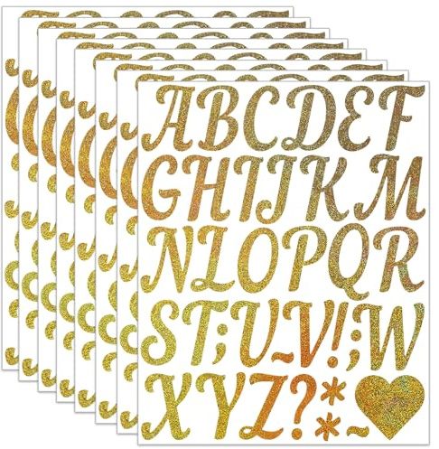 5 cm Glitzer Buchstaben Aufkleber Set, 296 Stück/8 Blatt Groß Buchstaben Aufkleber, Selbstklebend Wasserdichte Vinyl Sticker für Hochzeit Geburtstag Briefkasten DIY Scrapbooking (Gold)