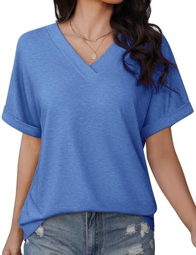 PASUDA Maglietta Donna Manica Corta T Shirt Scollo a V Magliette Elegante Ampia Maniche Corte Blusa Donna Estiva Camicia Top Casual Tee Abbigliamento Estivo Moda (Blu, L)
