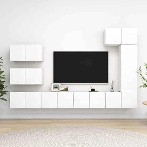 RMIHSJG Set Mobili Porta TV 8 pz Bianco in Legno Multistrato con Design Moderno e Struttura Robusta per Soggiorno, Mobile TV Sospeso con Ampi Scomparti per DVD e Oggetti, Facile