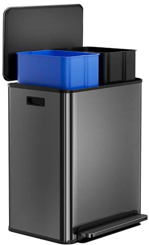 2-Pack 8-Gallon (30l) Stainless Steel Dual Compartment Step Trash Can - Color-Coded Removable Inner Baskets for Waste & Recycling, Soft-Close Pedal Lid, Perfect for Kitchen, Office & Home - Black