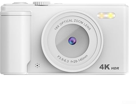 Cámara digital compacta 4K de 64 MP, con zoom digital de 16X y pantalla abatible de 180°, para selfies de viaje y video de alta resolución (blanco)