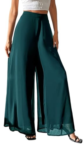 Pantaloni a palazzo in chiffon per le donne casual elastico in vita doppio strato pantaloni eleganti boho fluidi svasati pantaloni a gamba larga, Verde, L