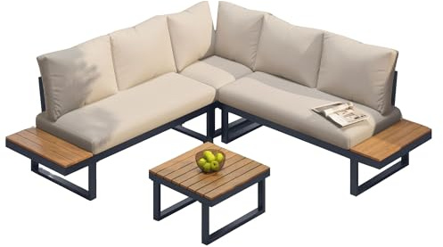 gonew21 Ecksofa Gartenmöbel Set mit Verstellbarer Liegefunktion & Couchtisch – Wetterfeste Lounge-Garnitur mit Stauraum-Hocker & waschbaren Sitzkissen in Beige/Grau für Balkon, Terrasse & Garten