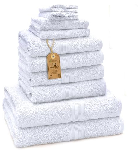 GREEN MARK Set di 10 asciugamani in 100% cotone – 4 asciugamani per mani 50×100, 2 asciugamani grandi da doccia 70×140, 2 asciugamani per ospiti 30×50, 2 guanti da bagno – Bianco