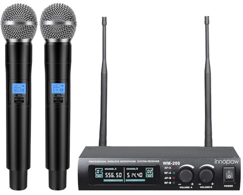 innopow Système de Microphone sans Fil, Double Micro sans Fil UHF, Longue Distance 45 à 60 m, 16 Heures Continues, fréquence Fixe, Utilisation pour Le karaoké, Les fêtes de Famille, l'église (WM200)