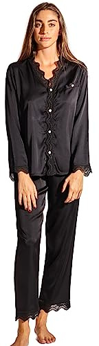 Laura in - Pijama para Mujer de Seda satén con puntillas Set de 2 Piezas Camisa Abotonada y Pantalones, Suave, Bonita, fluida, Elegante y Casual.NegroM1403