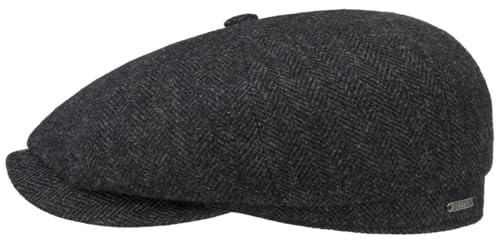 Stetson Hatteras Classic Wool Schiebermütze Herren Flatcap mit Baumwollfutter Fischgrätmuster Ballonmütze Herbst Winter
