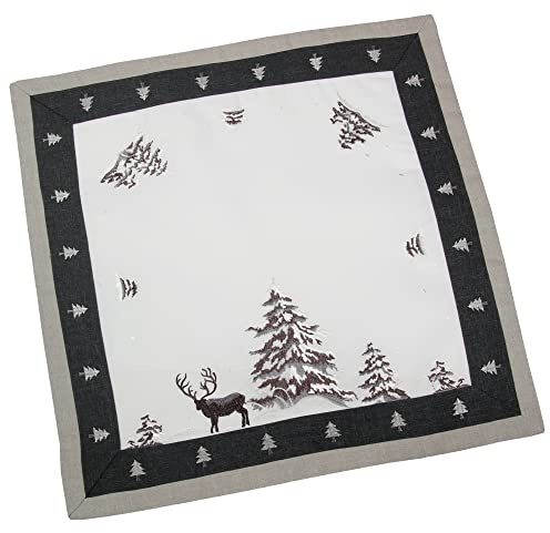 HanaQi Weihnachten - Winter - Hirsch Stickerei Leinenoptik Polyester Mitteldecke ca. 57 x 57 cm, Grau - Weiß