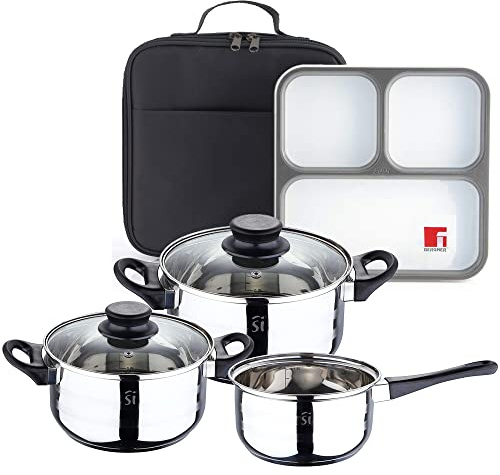 San Ignacio PACK BATERÍA DE COCINA 5 PIEZAS SET HERMÉTICO con BOLSA ISOTÉRMICA, Cromado Y Negro, PK4903