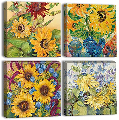 Artscope 4 delar väggkonst kanvastryck – solros oljemålning bildmålning – modern väggkonst inramad för gåvor badrum hem kök kontorsdekor – 30 x 30 cm