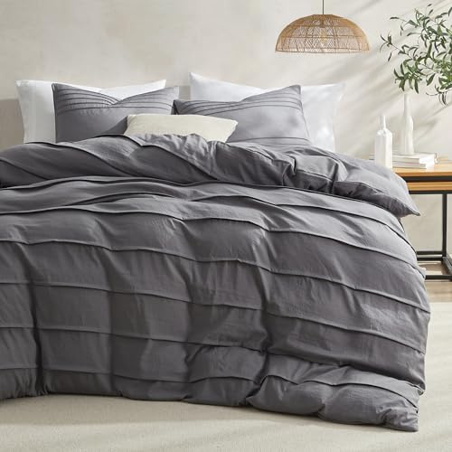 Oli Anderson Grey Duvet Cover King Size - Pleated King Duvet Cover, 3PCS Soft and Breathable Textured Bedding Set with Zipper Closure(Grey,104x90)