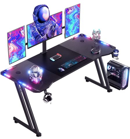 HLONONE 160 x 60 cm Gaming Tisch, Gaming Schreibtisch mit LED, PC Tisch Gaming mit Kohlefaseroberfläche, Stabiler Computertisch für Gaming mit Kopfhörerhaken und Getränkehalter, Schwarz