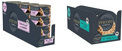 Encore 100% Natural Cat Food Tin 1x(16x70g) Tuna and Shrimp,Pack of 16 and Encore 100% Natural Cat Food Pot 1x(10x60g) Succulent Tuna with Pacific Crab, Pack of 10