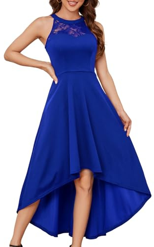 Bbonlinedress Vestido de Fiesta Cocktail Vintage sin Mangas A-línea Midi Alto Bajo Elegante Escote Halter para Mujer Royalblue S