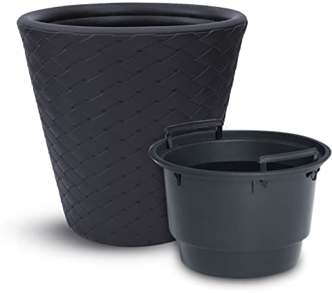 Prime Garden® BambooPot Bambu blomkruka, kruka, planteringskruka av plast med insats för huset, trädgården, terrassen, veranda – rund, väderbeständig, frostbeständig – Ø 39 x 37 cm (antracit)