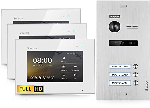 Balter EVO-HD Video Türsprechanlage, Video Türklingel mit Kamera, 3 Familienhaus Klingel, 3X 7 Zoll HD Monitor, Full HD-Kamera, 2 Draht Bus, Gegensprechanlage mit 175° Weitwinkel