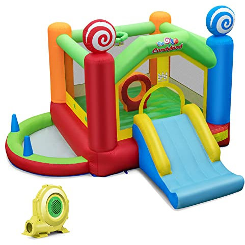 COSTWAY 6 en 1 Castillo Hinchable con Soplador, Castillo Inflable para Niños 3 a 10 años con Tobogán, Canasta de Baloncesto y 50 Pelotas, 355 x 385 x 245 cm, Insuflavel Crianças Interior Exterior