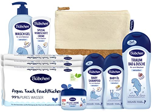 Bübchen Pflegeset für Neugeborene, 7-teilig – Geschenkset mit Baby-Produkten, von mildem Shampoo bis pflegender Wundschutzcreme, ohne Silikone