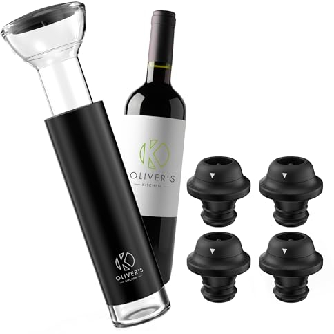 Oliver's Kitchen ® Exklusives Weinverschluss-Set - Vakuumpumpe mit 4 Weinkorken - Weinstopfen halten den Wein länger frisch - Weinkonservierer perfekt für Korkflaschen