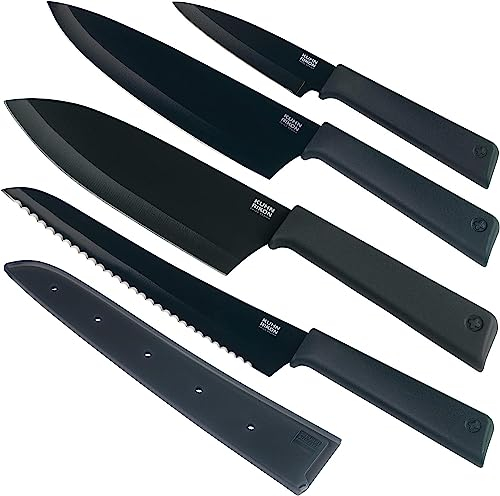 Kuhn Rikon Colori+ Mixed Kitchen Knife Set with Blade Covers, Includes Chef's, Bread, Santoku, and Paring Knives, Ultra-Sharp Japanese Stainless Steel Blades, Dishwasher Safe, Black