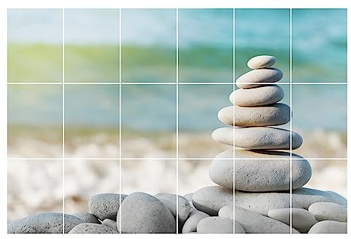 GRAZDesign Fliesenaufkleber Bad | 15x20cm - 18 Stück | Meer mit Strand Wellness Steine | wasserfeste & selbstklebende Klebefliesen Fliesenfolie Fliesenbild 90x6
