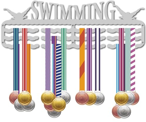 CREATCABIN Schwimm-Medaillenaufhänger,Medaillenhalter,Präsentationsständer,Wandhalterung,Rahmen,Regal,Sportmedaille,Metallaufhänger,3Wellenlinie Für 60 Medaillen,Auszeichnungen,Band,Rennläufer,40x15cm