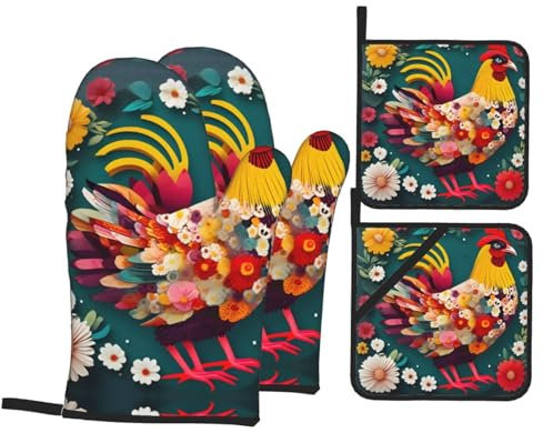 idubi Set di guanti da forno e presine a forma di cuore con fiori e polli, perfetti per cucina e San Valentino, set di guanti da forno resistenti
