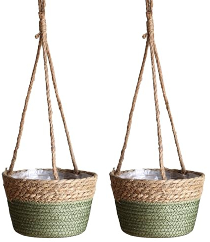 BestAlice 2 Pz Cesti da Appendere per Piante Fioriera da Appendere 7.8 Pollici Rattan Portafiori Porta Appendiabiti Epipremnum Vaso Canapa Corda da Parete Paglia Decorativa Fioriera Decorativa(Verde)