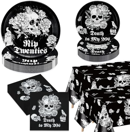 Death to My 20s: Black 30th Birthday Decorations - Halloween Party Set with RIP Plates & Napkins, Skull Tablecloth - Serves 40