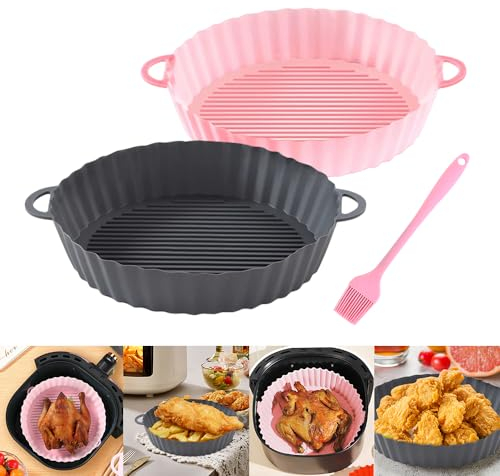 HEKOBAG 2 Pcs Moule Silicone Air Fryer Accessoire, Panier Moule pour Friteuse à Air Chaud 21cm avec Pinceau Cuisine, Plat pour Air Fryer Rond, Accessoires en Silicone pour Air Fryer, Micro-ondes, Four