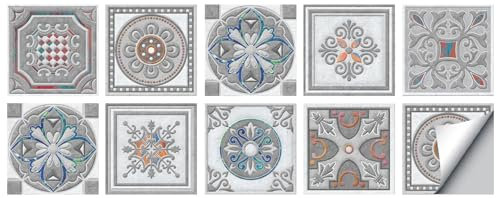 Fliesenaufkleber Retro Graue Blumen Selbstklebende Klebefliesen, Wandfliesen Aufkleber,Wasserdicht Fliesensticker Fur Kuche Badezimmer Dekorative Stickerfliesen,Wohnzimmer Dekoration20X20Cm